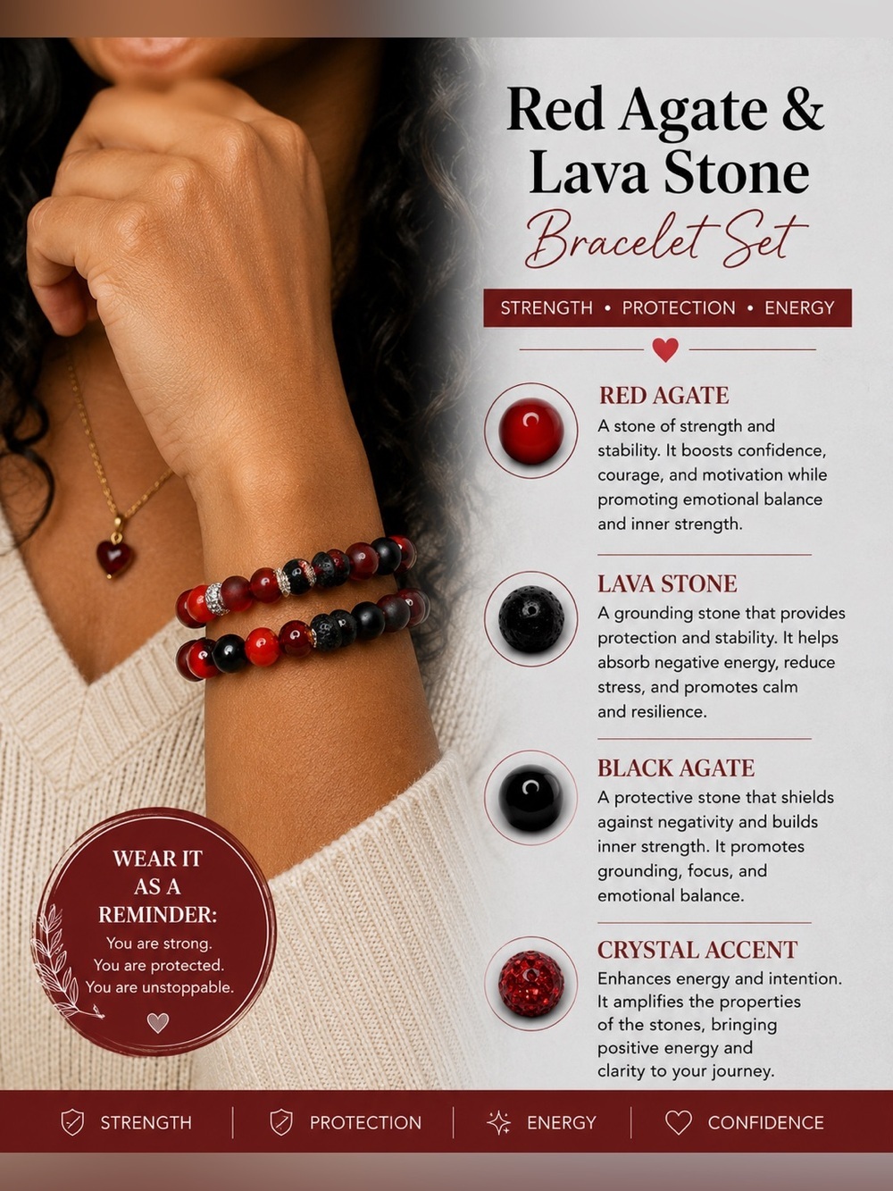 Red Agate & Lava Stone Bracelet Set
